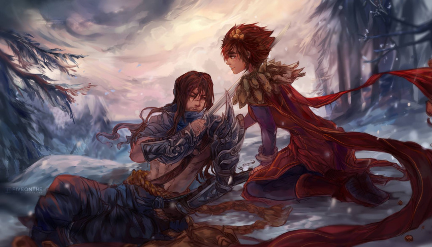 1boy, 1girl, armor, artist_name, bare_chest, beard, boots, brown_eyes, brown_hair, cape, capelet, dark_skin, eyebrows, facial_hair, fingerless_gloves, fiveonthe, freckles, gloves, hair_ornament, highres, league_of_legends, long_hair, looking_at_another, one_eye_closed, rock, scar, short_hair, shoulder_armor, snow, sword, taliyah, thick_eyebrows, tree, weapon, yasuo_(league_of_legends)