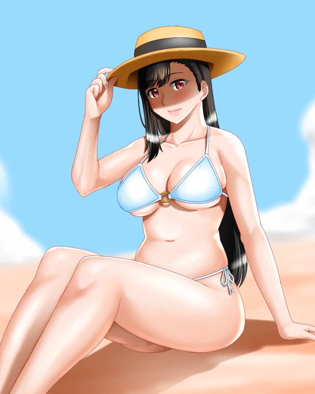 1girl, arm_support, beach, bikini, black_hair, blue_sky, blush, boater_hat