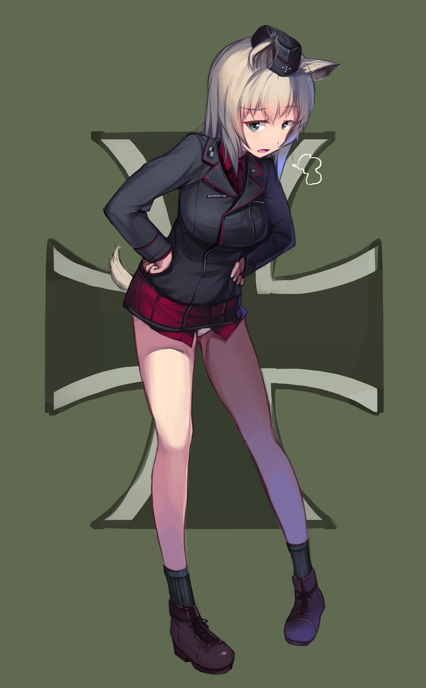 1girl, animal_ears, bare_legs, boots, dog_ears, dog_tail, girls_und_panzer, green_eyes