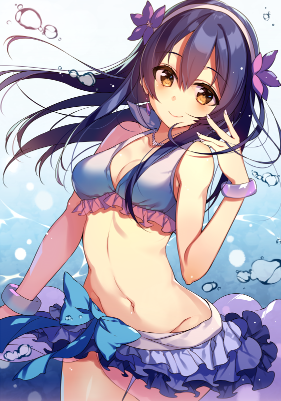 1girl, bikini, blue_hair, breasts, flower, hair_flower, hair_ornament, kureaki_(exit)
