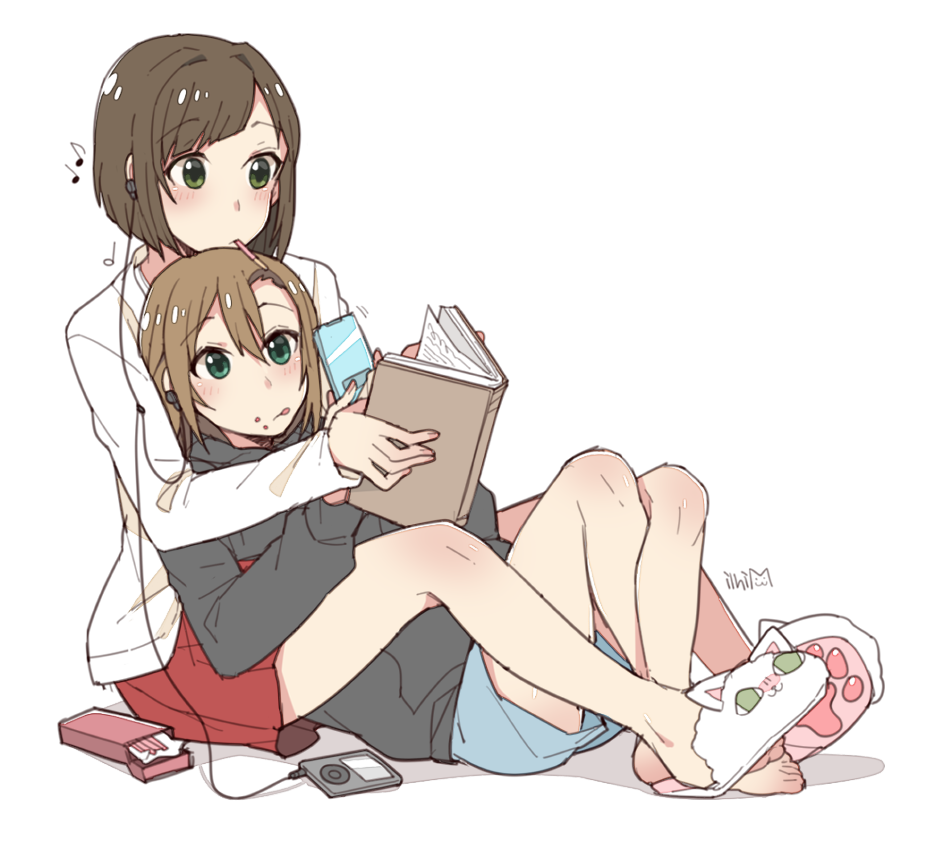 2girls, :q, asterisk_(idolmaster), blush, book, brown_hair, earphones, earphones, eating, food, food_on_face, green_eyes, holding, holding_book, idolmaster, idolmaster_cinderella_girls, ilhi, licking_lips, lying, lying_on_person, maekawa_miku, mouth_hold, multiple_girls, on_back, open_book, open_mouth, pocky, reading, shared_earphones, short_hair, sitting, skirt, smile, tada_riina, tongue, tongue_out, yuri
