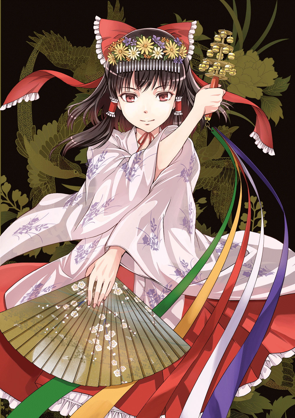 1girl, alternate_costume, bell, black_background, brown_hair, fan, floral_print, hair_ornament