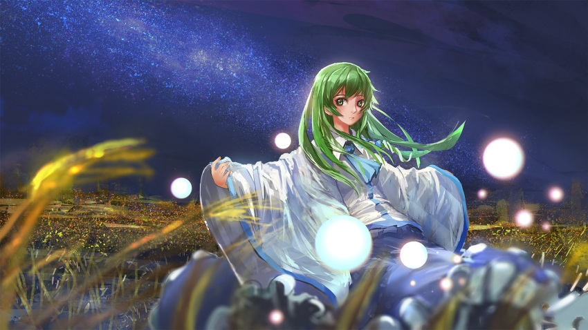 1girl, ascot, ein_eis, expressionless, green_eyes, green_hair, hair_ornament, highres