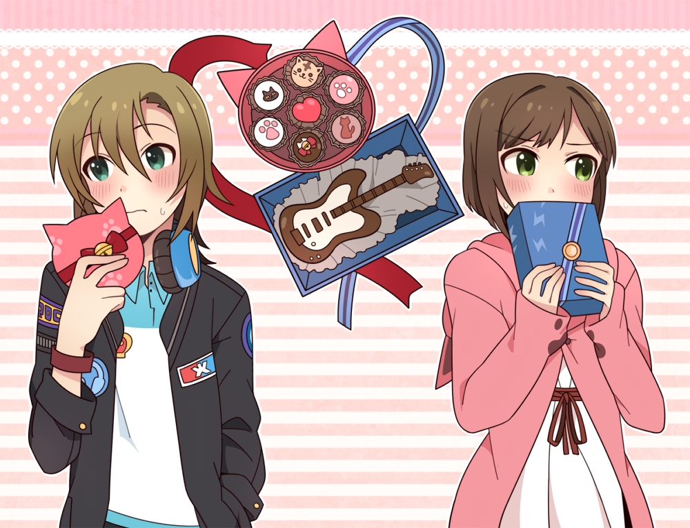 2girls, asterisk_(idolmaster), blush, box, bracelet, brown_hair, chocolate, gift