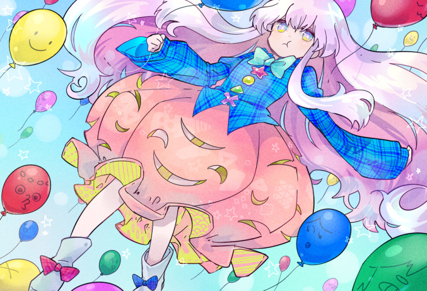 1girl, balloon, boots, bow, bowtie, bubble_skirt, dutch_angle, flying