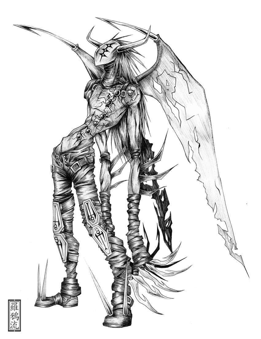 1boy, arm_blade, belt, buttons, claws, crack, cracked_skin, demon, digimon, extra_eyes, faux_traditional_media, greyscale, groin, highres, horns, knee_pads, long_hair, male_focus, mask, monochrome, monster, neodevimon, no_humans, pants, raul_(11323476), sharp_claws, shoes, simple_background, skinny, spiked_shoes, spiked_wings, spikes, spiky_hair, symbol, too_many_belts, torn_wings, unbuckled_belt, weapon, white_background, wings