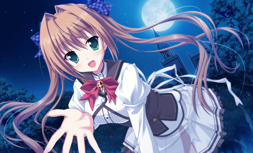 1girl, blush, bows, brown_hair, female, game_cg, green_eyes, long_hair