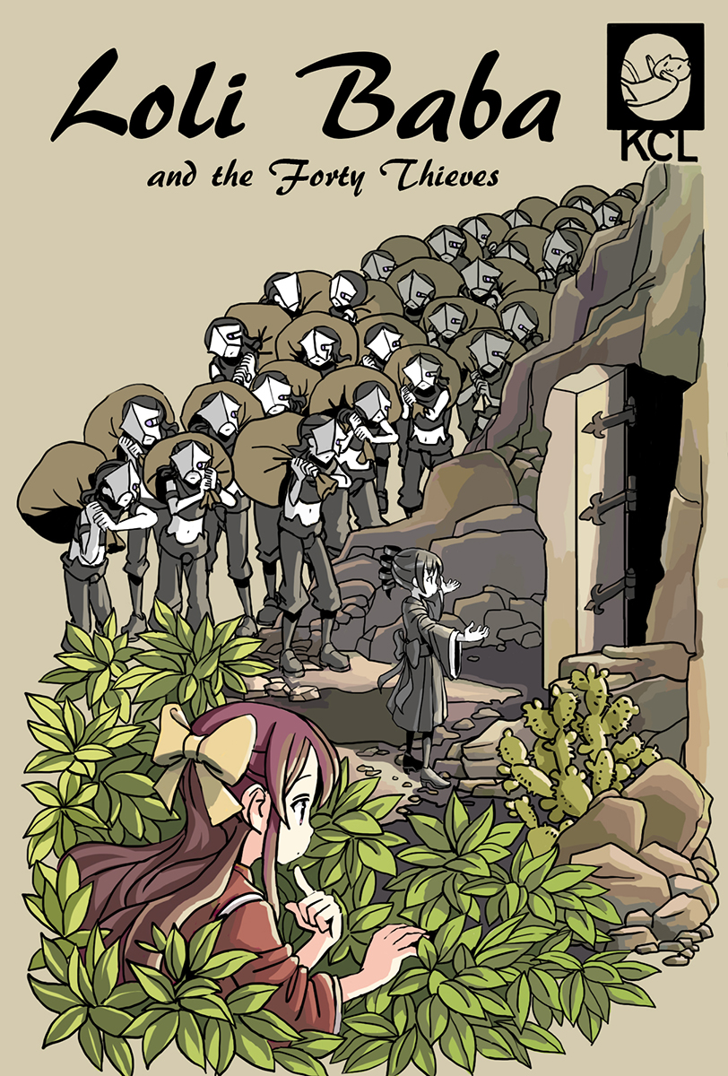 adrian_ferrer, ali_baba_and_the_forty_thieves, ancient_destroyer_oni, black_hair, boots, bow, bush, cactus, cat, chi-class_torpedo_cruiser, clone, cover, cover_page, crop_top, drill_hair, gate, hair_bow, hakama, highres, japanese_clothes, kamikaze_(kantai_collection), kantai_collection, long_hair, mask, meiji_schoolgirl_uniform, midriff, multiple_girls, nature, navel, outdoors, parody, pink_hakama, plant, purple_hair, ribbon, sack, shinkaisei-kan, side_ponytail, yellow_ribbon