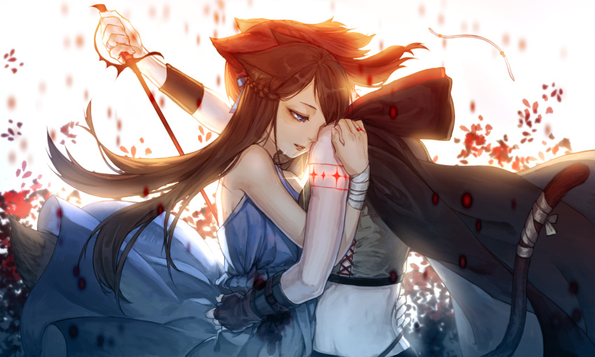 2girls, animal_ears, blood, blood_stain, blue_eyes, braid, breasts, brown_hair, cat_ears, cat_tail, crown_braid, ebon_(7841327), highres, hug, long_hair, multiple_girls, original, outdoors, sad_smile, small_breasts, stabbing, sword, tail, tattoo, tears, very_long_hair, weapon, wolf_ears, wolf_tail, yuri
