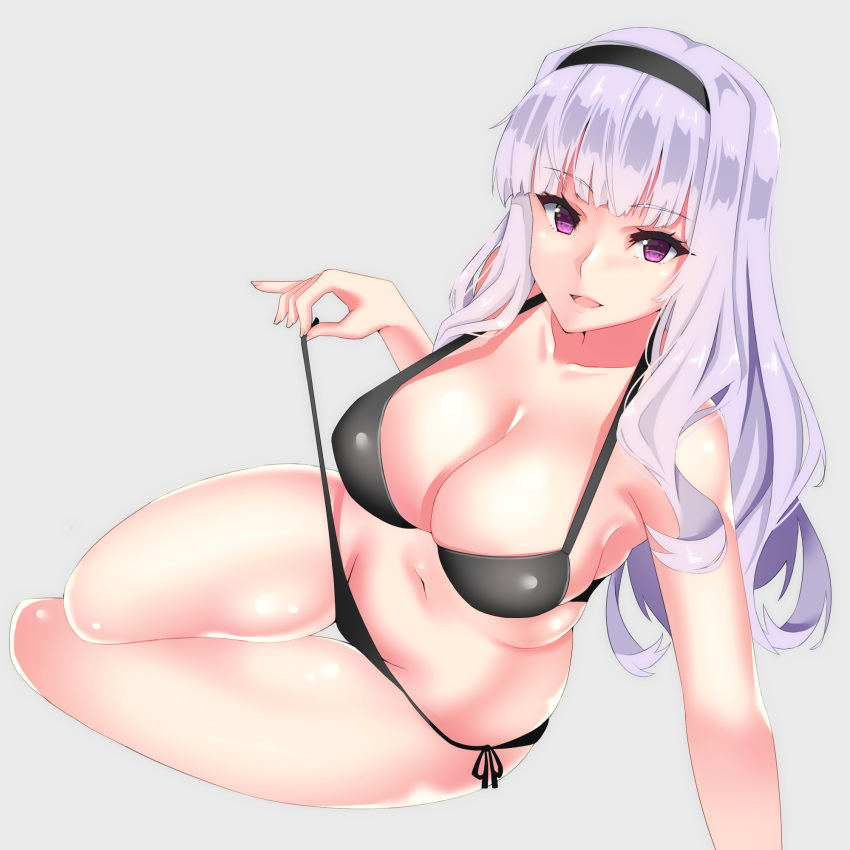 1girl, bikini, bikini_pull, black_bikini, breasts, cleavage, fosamaguna, hairband