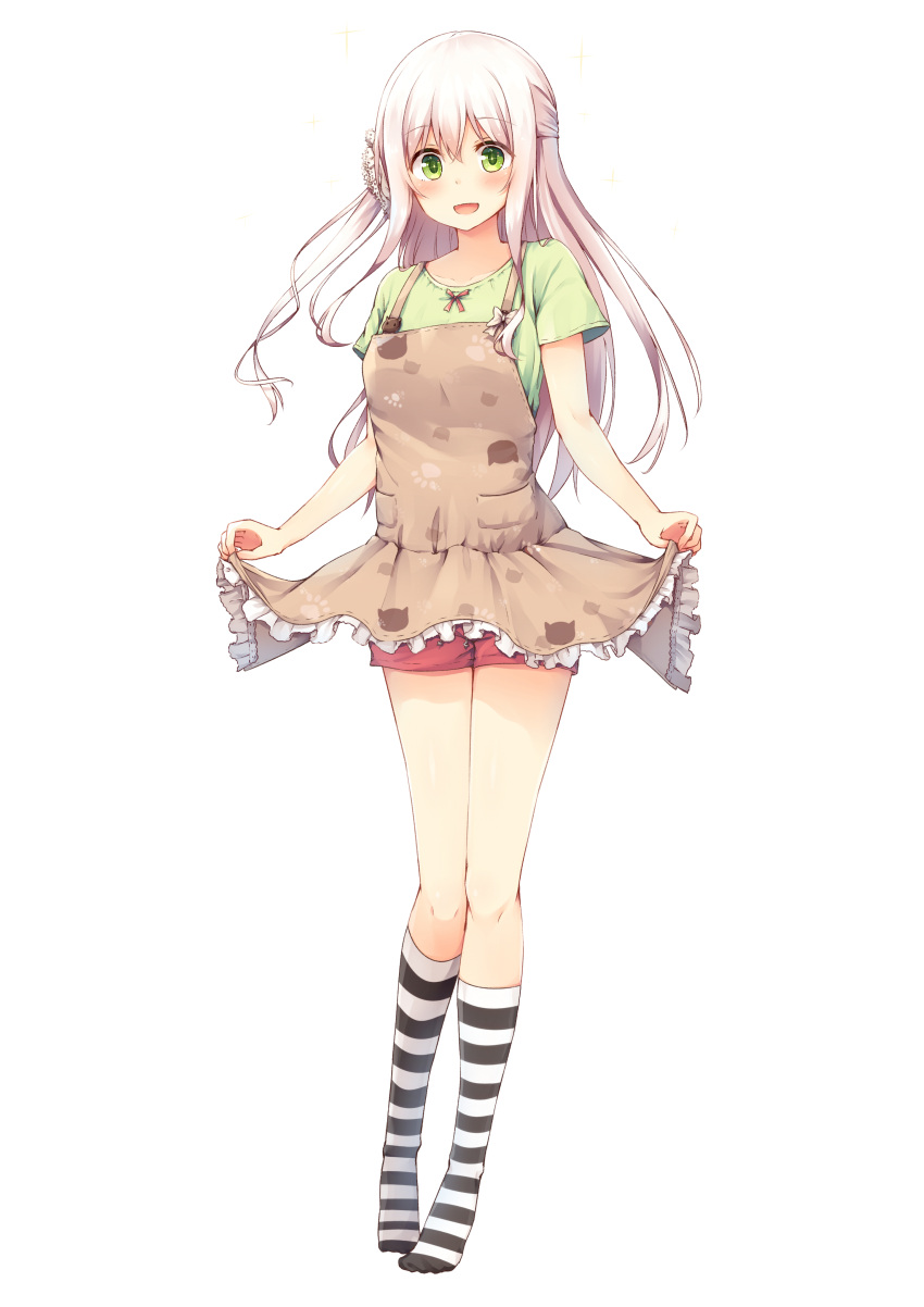 1girl, :d, absurdres, apron, apron_lift, blush, cat_print, collarbone, frilled_apron, frills, full_body, green_eyes, hair_ornament, half_updo, highres, kneehighs, long_hair, looking_at_viewer, no_shoes, open_mouth, original, paw_print, pocket, shirt, short_sleeves, shorts, silver_hair, simple_background, smile, solo, sparkle, striped, striped_legwear, tsuchikure_(3105mitoko), white_background