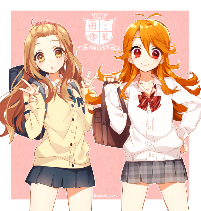 2girls, :>, aihara_miu, antenna_hair, backpack, bag, bangs, black_skirt, bow, bowtie, brown_eyes, brown_hair, chestnut_mouth, collarbone, collared_shirt, cowboy_shot, earrings, emblem, grey_skirt, hair_between_eyes, hand_on_hip, head_tilt, holding_bag, ichinose_yukino, jewelry, looking_at_viewer, multiple_girls, necktie, orange_hair, pink_background, plaid, plaid_skirt, pleated_skirt, red_bow, red_bowtie, red_eyes, school_bag, school_uniform, shirt, skirt, sleeves_past_wrists, sweater, swept_bangs, tokyo_7th_sisters, twitter_username, usuta_sumire, w, white_shirt, wing_collar