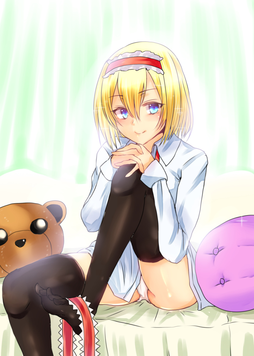 1girl, alice_margatroid, black_legwear, blonde_hair, blue_eyes, cushion, fujimori_tonkatsu, hairband