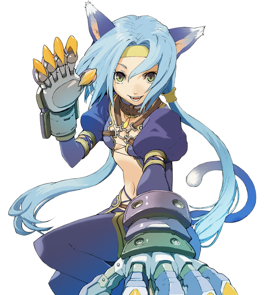blue_hair, cat_ears, catgirl, claws, collar, enami_katsumi, fang, fangs, flat_chest, foreshortening, hands, long_hair, meracle_chamlotte, midriff, nekomimi, official_art, solo, star_ocean, star_ocean_the_last_hope, tail, thigh_highs, weapon
