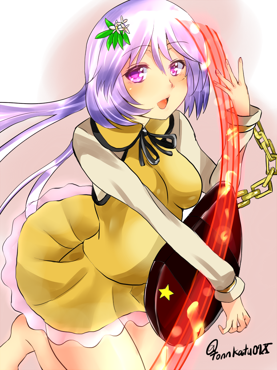 1girl, biwa_lute, chains, flower, fujimori_tonkatsu, hair_flower, hair_ornament, highres