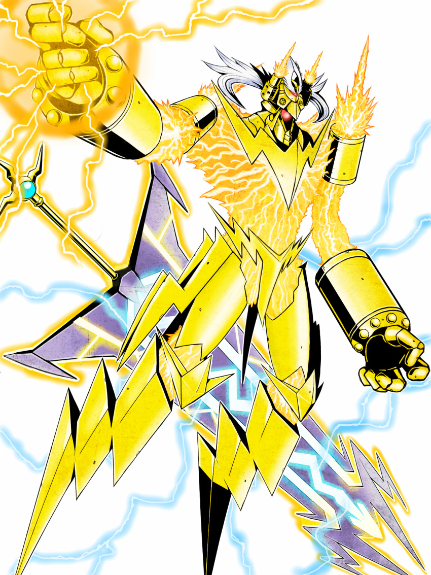 1boy, armor, bandai, bolt, cyclops, digimon, electricity, eyebrows