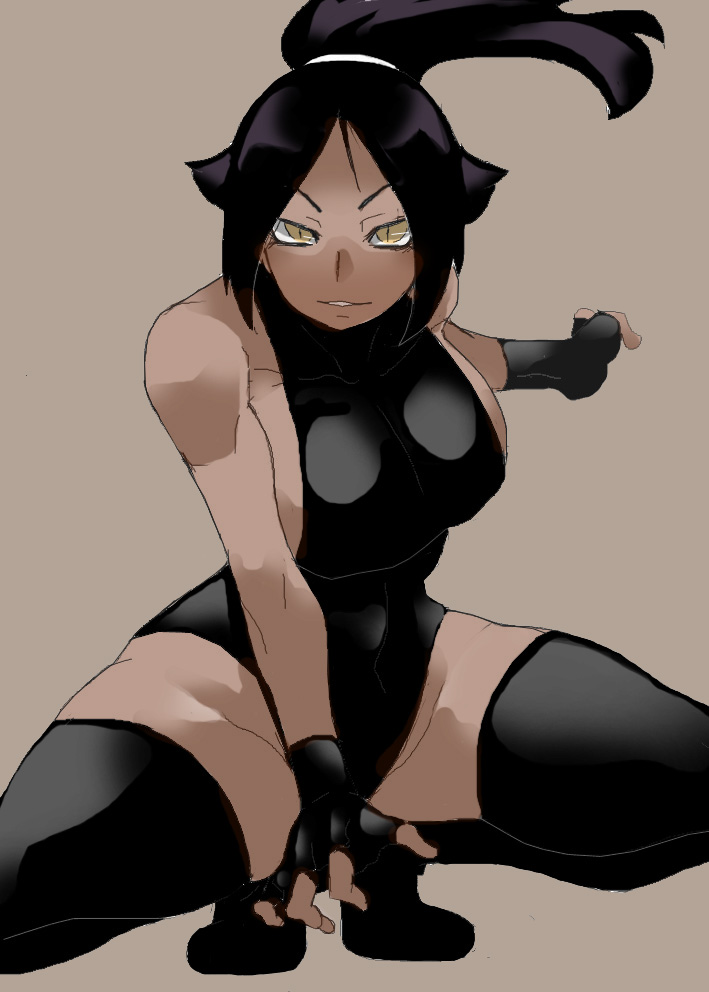 1girl, bare_shoulders, black_hair, black_legwear, black_outfit, bleach, breasts, dark_skin, fingerless_gloves, gloves, large_breasts, leotard, light_smile, long_hair, looking_at_viewer, parted_lips, ponytail, pose, ryu3224, shihouin_yoruichi, sideboob, skin_tight, slit_pupils, solo, squatting, thick_thighs, thigh-highs, thighs, tied_hair, yellow_eyes