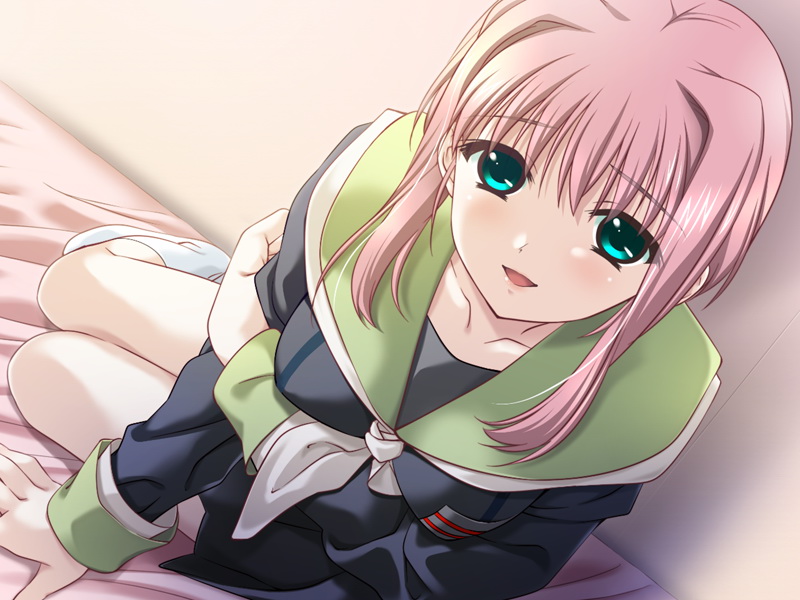 dutch_angle, game_cg, green_eyes, long_hair, looking_at_viewer, nanase_ren, open_mouth, pink_hair