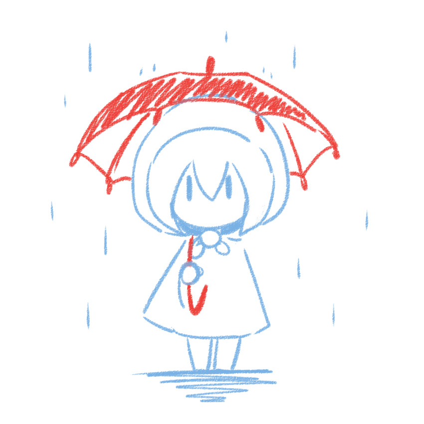 1girl, chibi, female, full_body, jiima_tarou, limited_palette, looking_at_viewer, no_mouth, partially_colored, rain, red_umbrella, simple_background, solo, standing, white_background, youkai, youkai_watch, yukionna_(youkai_watch), |_|