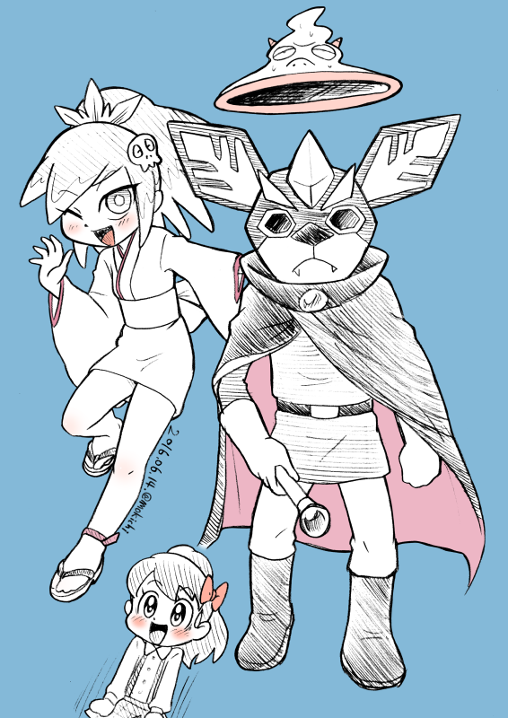 2girls, asekkaki, atsugaruru, blue_background, blush, boots, cape, character_request, cosplay, dated, dororon_enma-kun, enma-kun, enma-kun_(cosplay), fangs, fubukihime, full_body, gloves, hair_ornament, high_ponytail, japanese_clothes, kimono, kodama_fumika, long_hair, looking_at_viewer, mochi-iri_kinchaku, monochrome, multiple_girls, one_eye_closed, open_mouth, parody, sandals, short_kimono, simple_background, skull_hair_ornament, standing, twitter_username, youkai, youkai_watch, yukiko_hime, yukiko_hime_(cosplay)