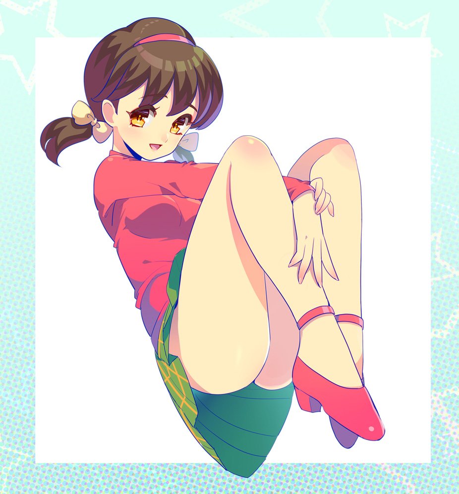 1girl, :d, bow, breasts, brown_eyes, brown_hair, full_body, green_skirt, hair_bow, hairband, high_heels, joey_koguma, low_twintails, open_mouth, osomatsu-kun, pink_shirt, pleated_skirt, red_shoes, shirt, shoes, skirt, smile, solo, twintails, yellow_bow, yowai_totoko