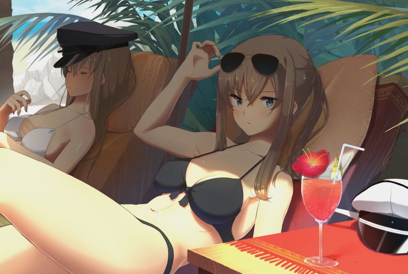 2girls, arm_up, bare_arms, bare_shoulders, bikini, bikini_top, bismarck_(kantai_collection), black_bikini