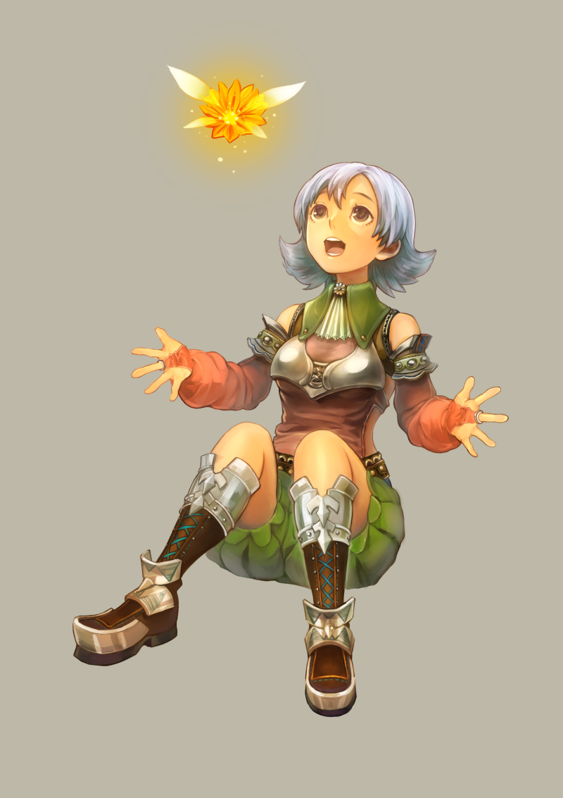 1girl, armor, baggy_clothes, boots, bridal_gauntlets, brown_eyes, detached_sleeves, full_body