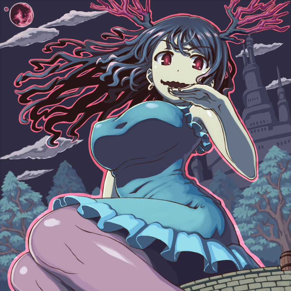 1girl, :d, barrel, black_hair, blue_dress, breasts, castle, clouds