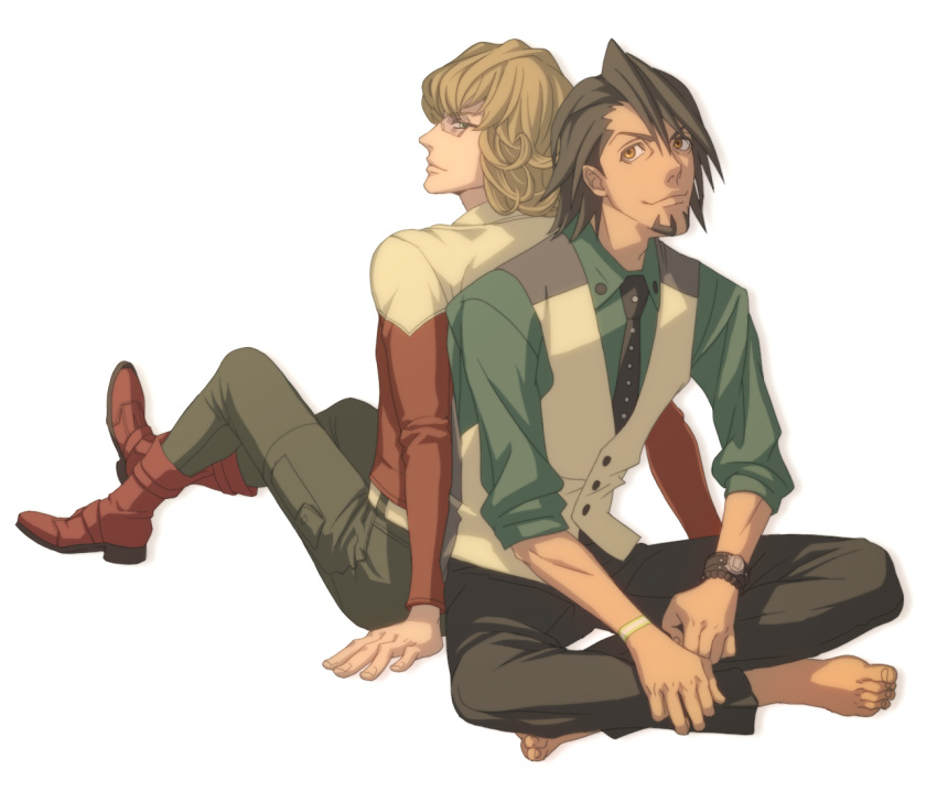 2boys, back-to-back, barefoot, barnaby_brooks_jr, black_hair, blonde_hair, boots, brown_eyes