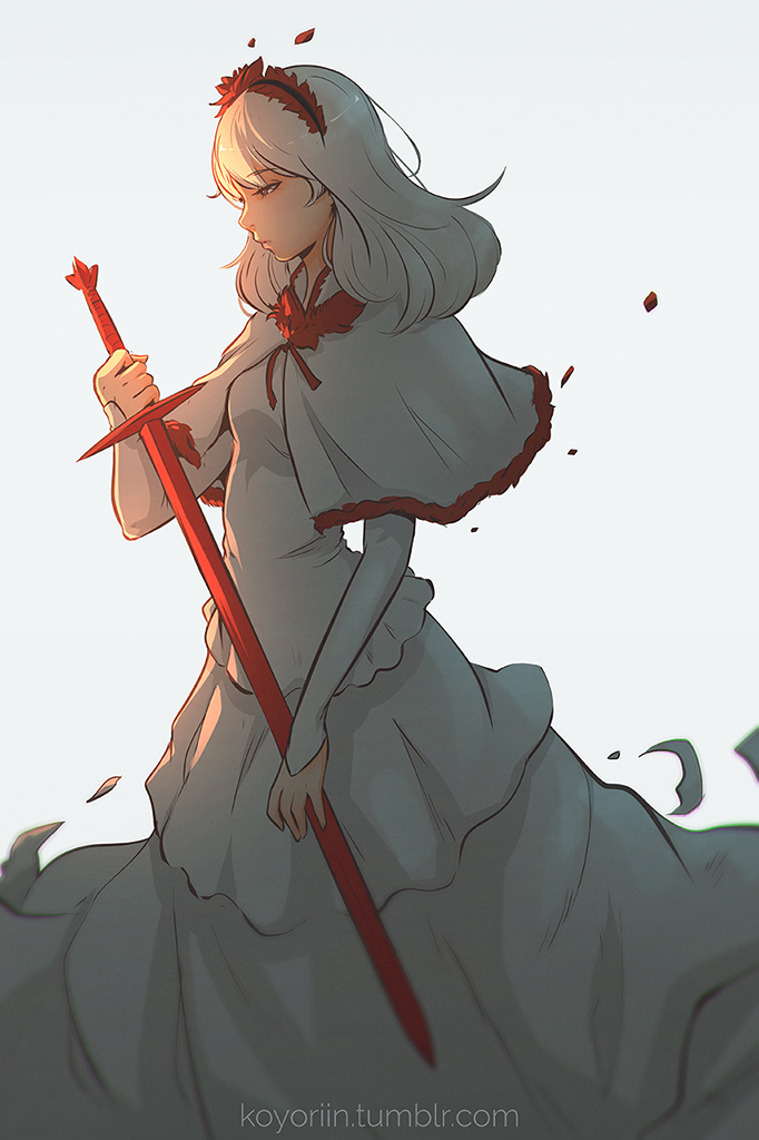 1girl, brown_eyes, capelet, dress, fennel_(momodora), hairband, holding, holding_sword