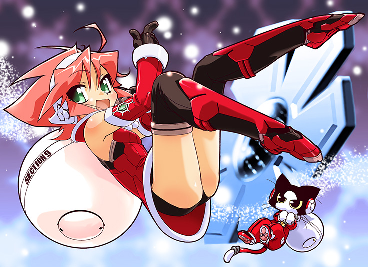 1girl, animal_ears, ass, boots, cat, cat_ears, detached_sleeves, full_body, gloves, green_eyes, headphones, kokono_(section9), looking_at_viewer, noritaka_suzuki, open_mouth, pink_hair, sack, santa_costume, section9, short_hair, snow, solo, thigh-highs, thigh_boots