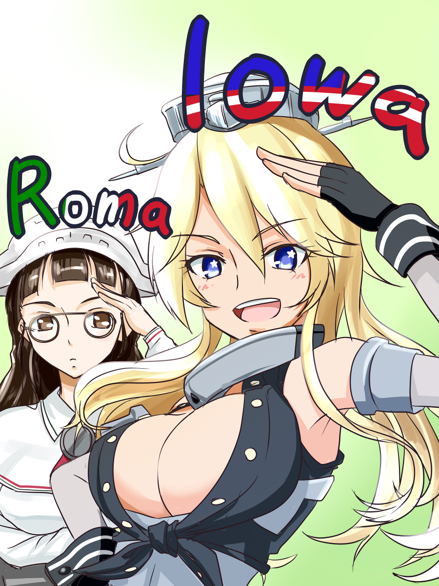 american_flag, blonde_hair, blue_eyes, breasts, brown_eyes, brown_hair, capelet, cleavage