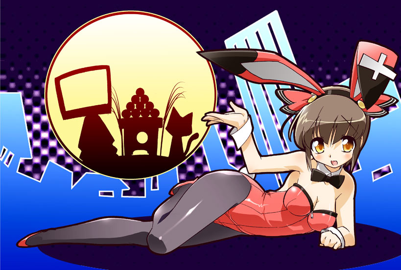 1girl, animal_ears, bare_shoulders, black_legwear, bow, bowtie, breasts, brown_hair, bunny_girl, bunny_tail, bunnysuit, cat, cleavage, dango, detached_collar, digitamin, fake_animal_ears, food, full_body, leotard, looking_at_viewer, lying, noritaka_suzuki, on_side, open_mouth, pantyhose, rabbit_ears, red_shoes, ritsuko_(digitamin), shoes, short_hair, silhouette, solo, tail, television, wagashi, wrist_cuffs, yellow_eyes