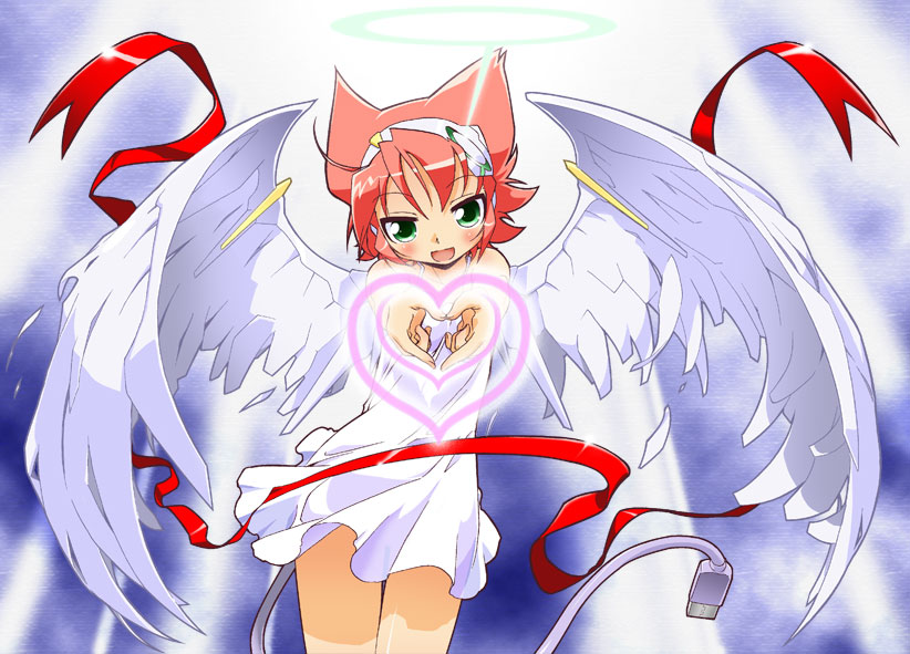 1girl, angel, angel_wings, blouse, dress, green_eyes, halo, heart, heart_hands, kokono_(section9), looking_at_viewer, love_beam, noritaka_suzuki, open_mouth, outstretched_arms, pink_hair, ribbon, section9, short_hair, solo, wings