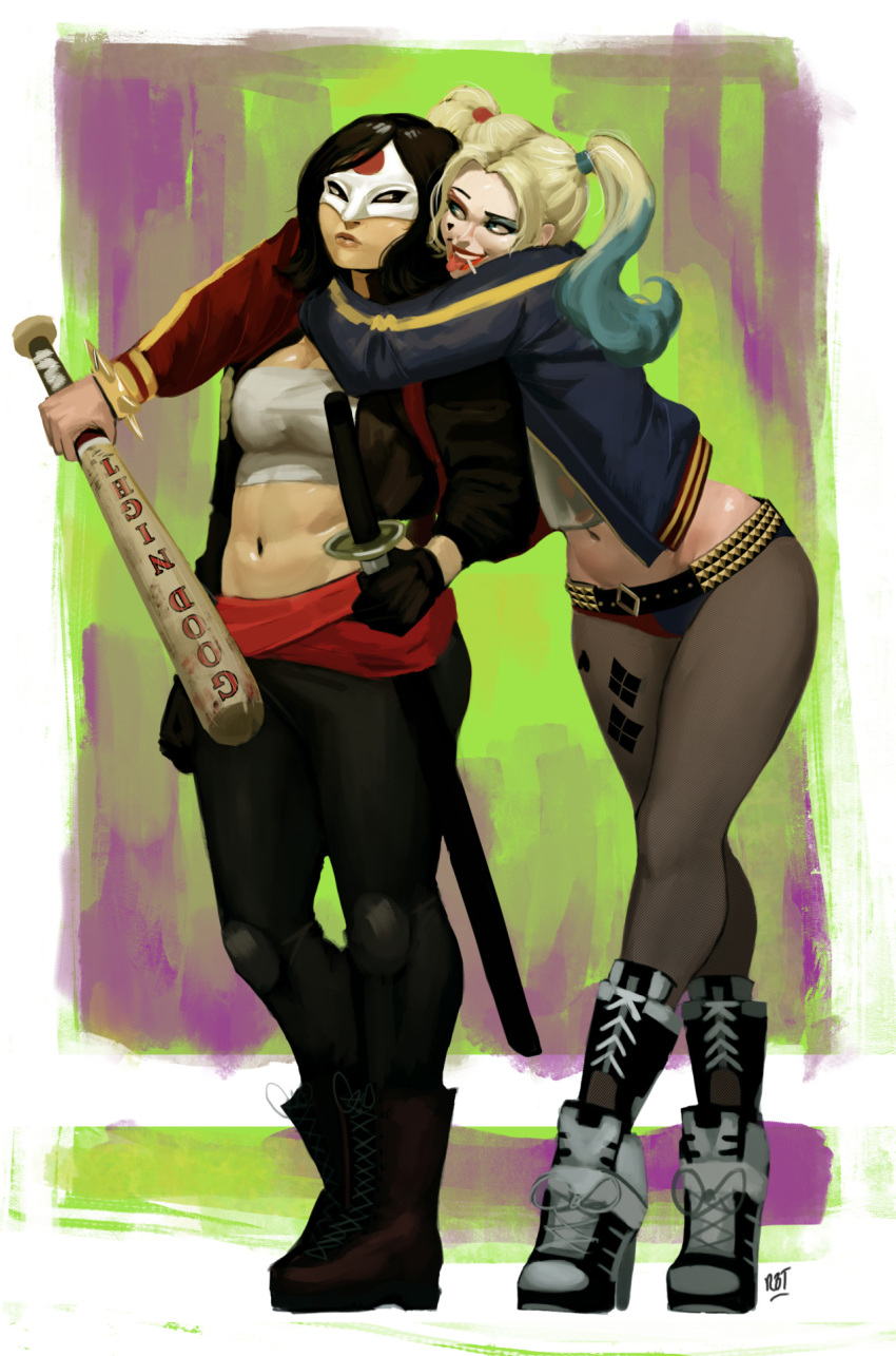 2girls, baseball_bat, belt, black_hair, blonde_hair, boots, dc_comics, dccu, harley_quinn, high_heels, jacket, katana_(dc), mask, midriff, multiple_girls, shorts, studded_belt, suicide_squad, sword, twintails