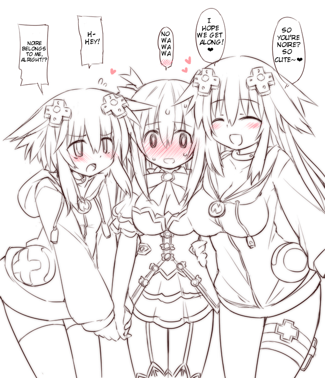 3girls, adult_neptune, blush, breasts, choujigen_game_neptune, d-pad, dress, english