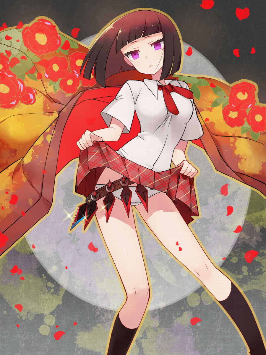 1girl, akemaru, black_legwear, brown_hair, collared_shirt, flower, head_tilt, highres