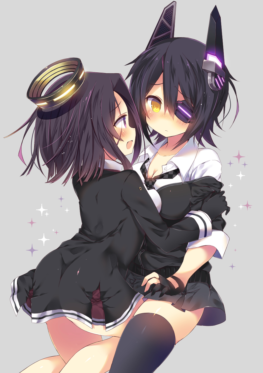 2girls, blush, breast_press, breasts, checkered, checkered_floor, cleavage, eyepatch