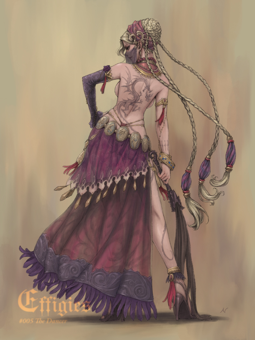 1girl, absurdres, armlet, back_tattoo, bangle, bracelet, breasts, cat_o'_nine_tails