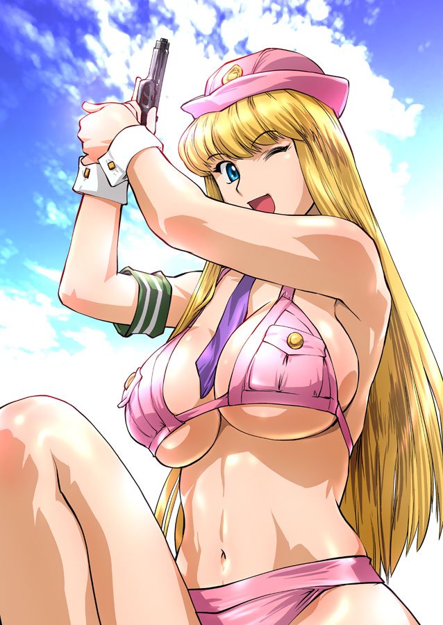 bikini, bikini_top, blonde_hair, blue_eyes, breasts, gun, handgun, huge_breasts
