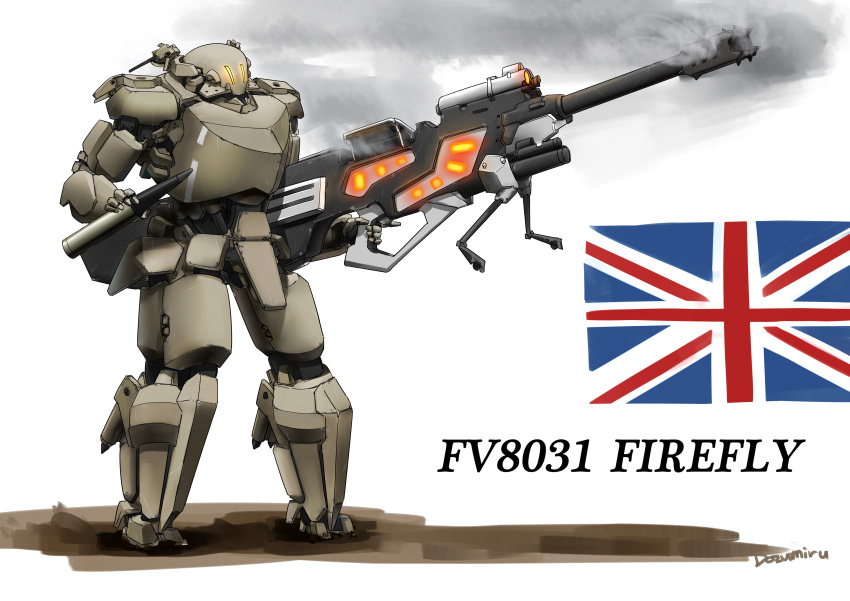 dozumiiru, flag, gun, mecha, original, science_fiction, smoke, united_kingdom