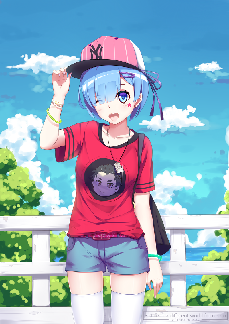 1girl, 2016, ;d, alternate_hair_ornament, arm_at_side, artist_name, bag, baseball_cap
