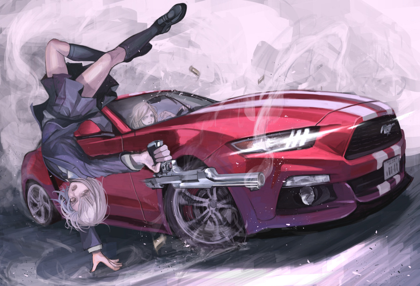 2girls, casing_ejection, desert_eagle, destro_246, drifting, driving, ford, ford_mustang