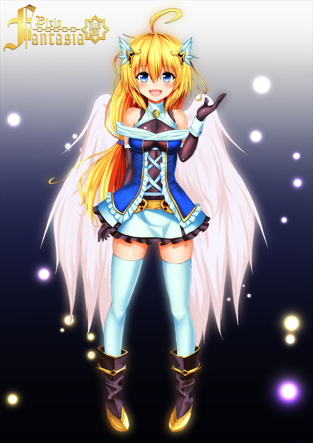 1girl, :d, ahoge, angel, angel_wings, bare_shoulders, benitsuki_tsubasa, black_gloves