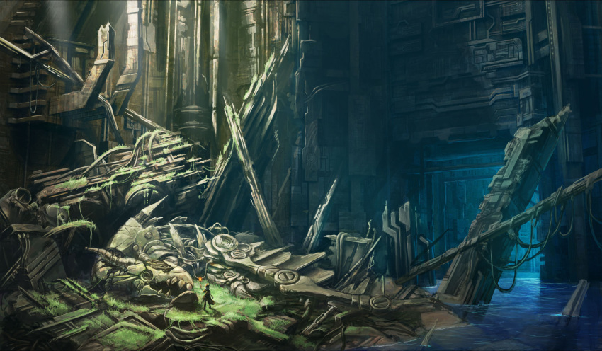 dark, dragon, fantasy, gears, grass, hat, highres, horns