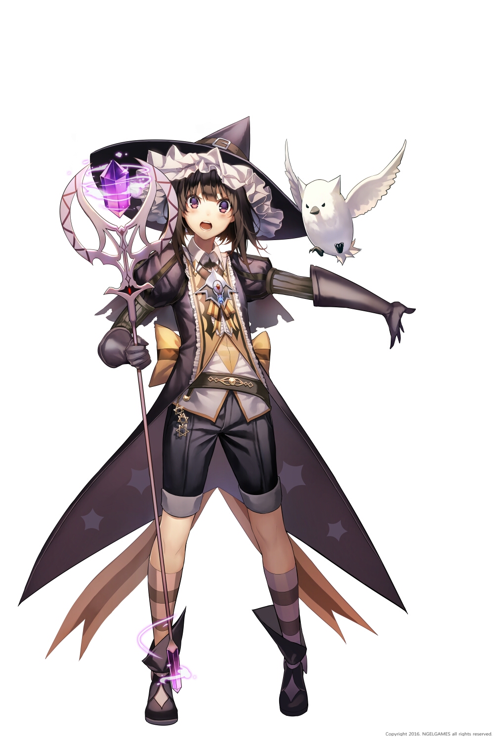 1girl, belt, bird, black_hair, boots, coattails, elbow_gloves, erakis
