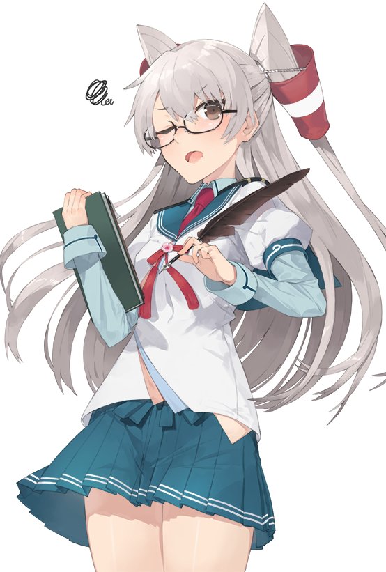 >_o, 1girl, amatsukaze_(kantai_collection), brown_eyes, clipboard, cosplay, glasses, hair_ribbon