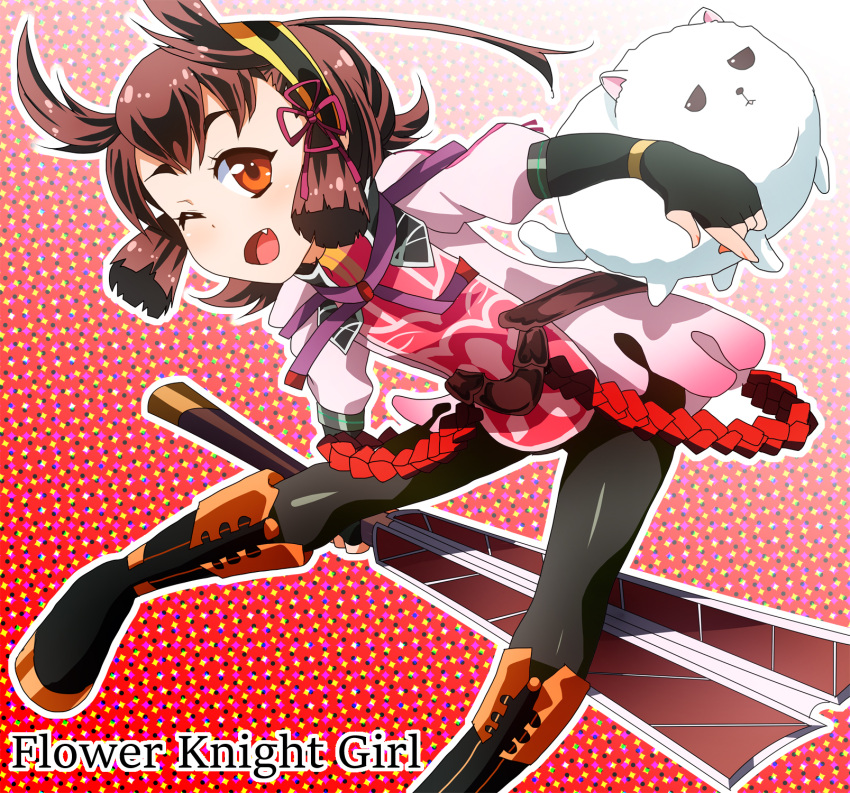 1girl, ;d, antenna_hair, black_gloves, black_legwear, boots, brown_eyes, brown_hair, copyright_name, dog, fingerless_gloves, flower_knight_girl, gloves, hairband, highres, inutade_(flower_knight_girl), knee_boots, leaning_forward, masako_(sabotage-mode), one_eye_closed, open_mouth, pantyhose, reverse_grip, shirt, short_hair, sidelocks, smile, solo, sword, weapon