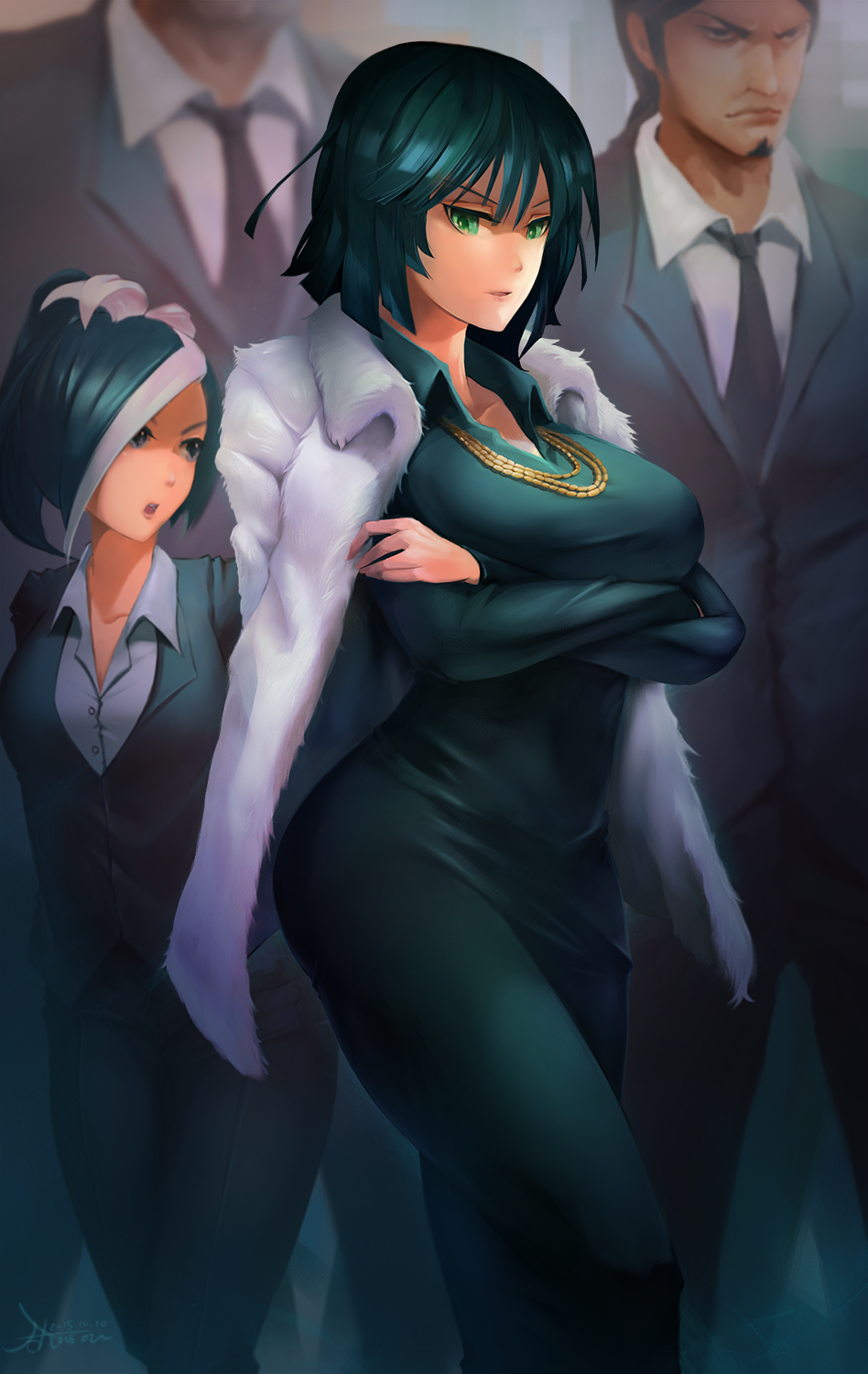1girl, blue_hair, breasts, coat, crow_aberdeen, dress, fubuki_(one-punch_man), fur_coat
