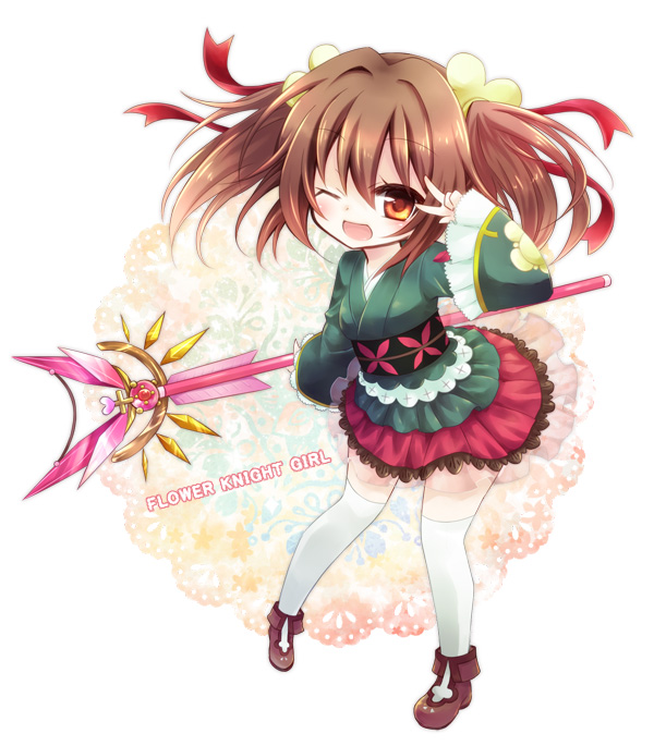 1girl, ;d, brown_eyes, brown_hair, brown_shoes, copyright_name, flower_knight_girl, full_body